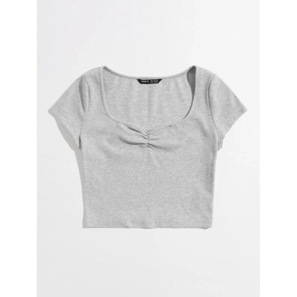 New SHEIN EZwear Solid Ruched Detail Crop Tee in‎ Gray - Size Small - Picture 1 of 6